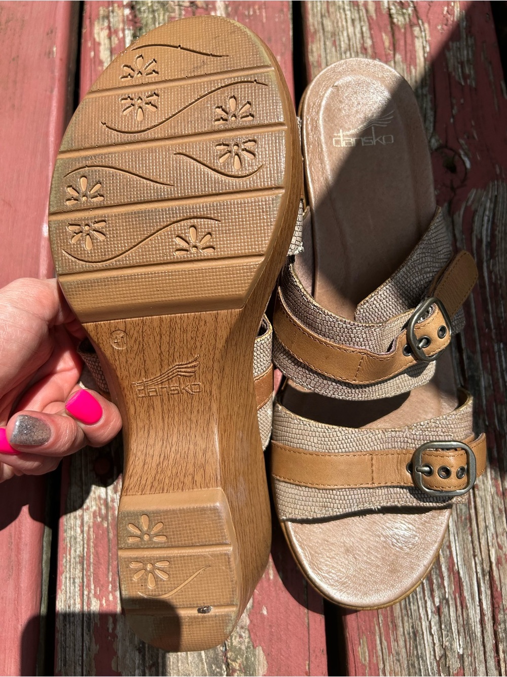 Dansko Tan & Brown Leather Slide Mules with Buckles - Picture 2 of 9